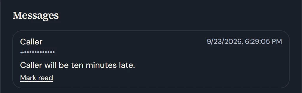 A message the assistant took, on the desk: “Caller will be ten minutes late”, with the time and a hidden call-back number