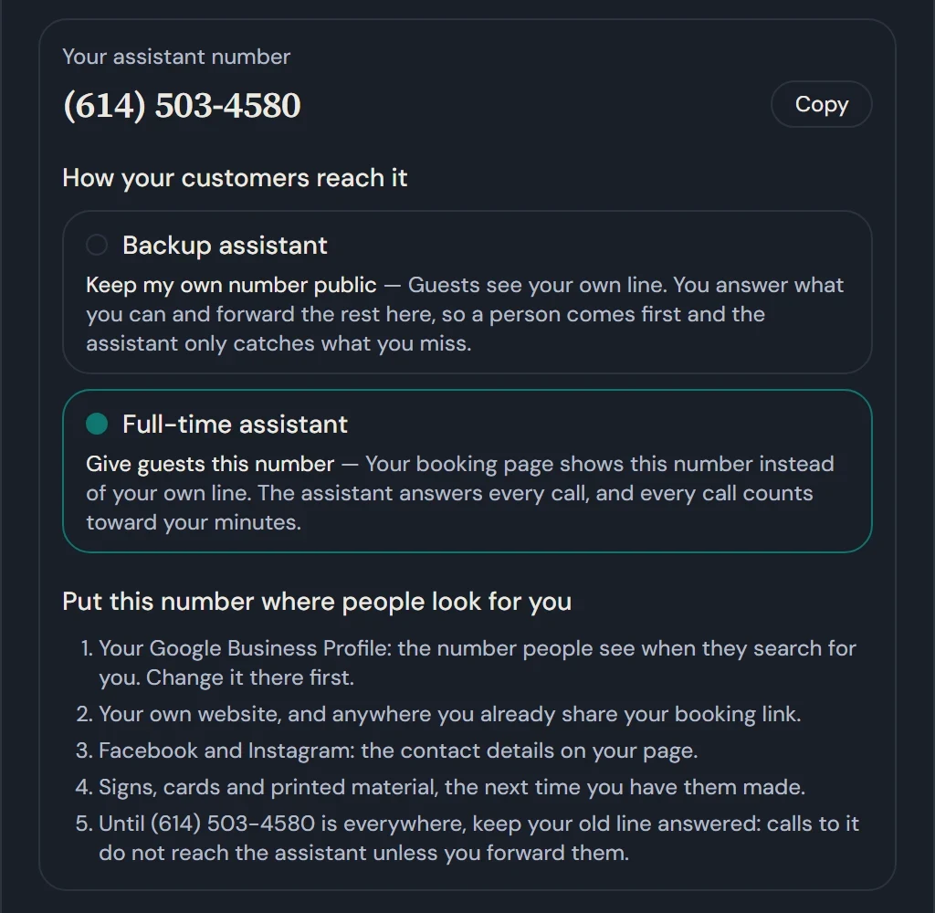 The assistant’s own number with two ways to use it, Backup assistant and Full-time assistant, and a checklist of where to put the number