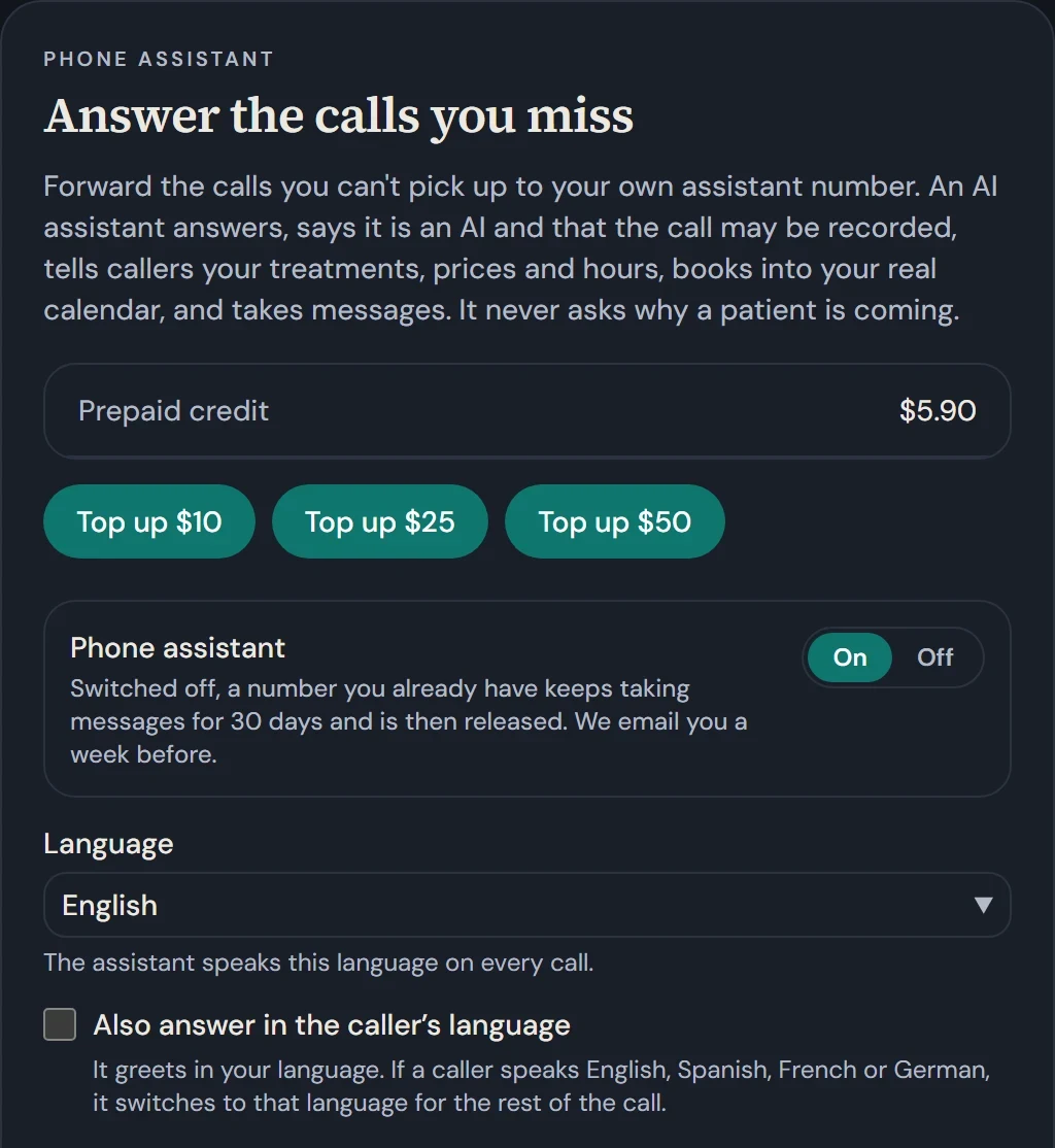 Phone assistant card in Settings: the On and Off switch, the language set to English and the option to also answer in the caller’s language