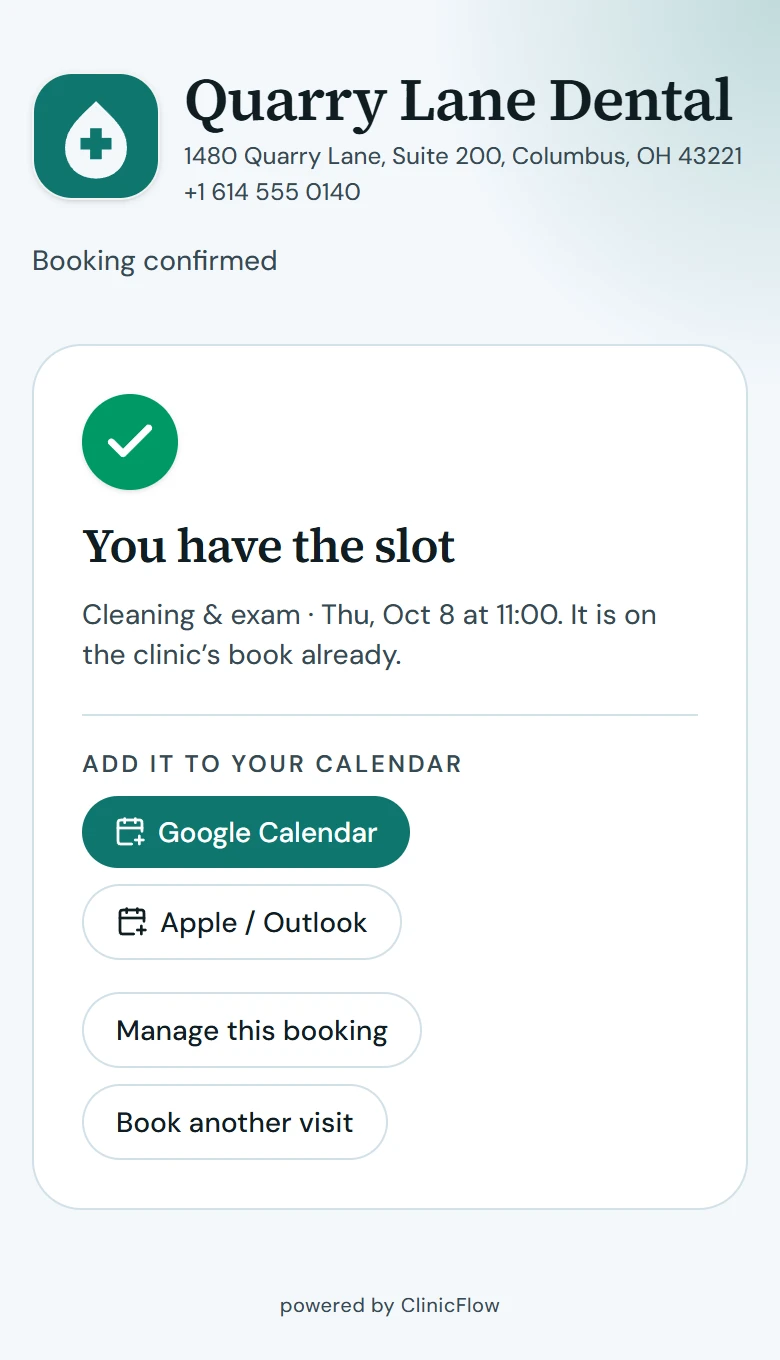 Appointment confirmed on a phone, with buttons for Google or Apple calendar and to manage the booking