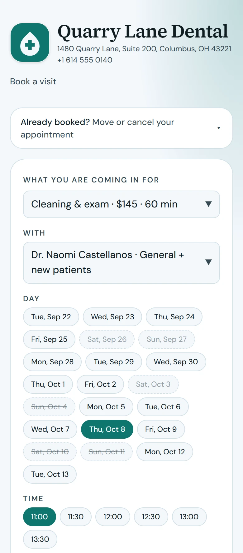 Patient booking page on a phone: treatment with price, clinician, days with closed days crossed out, free times