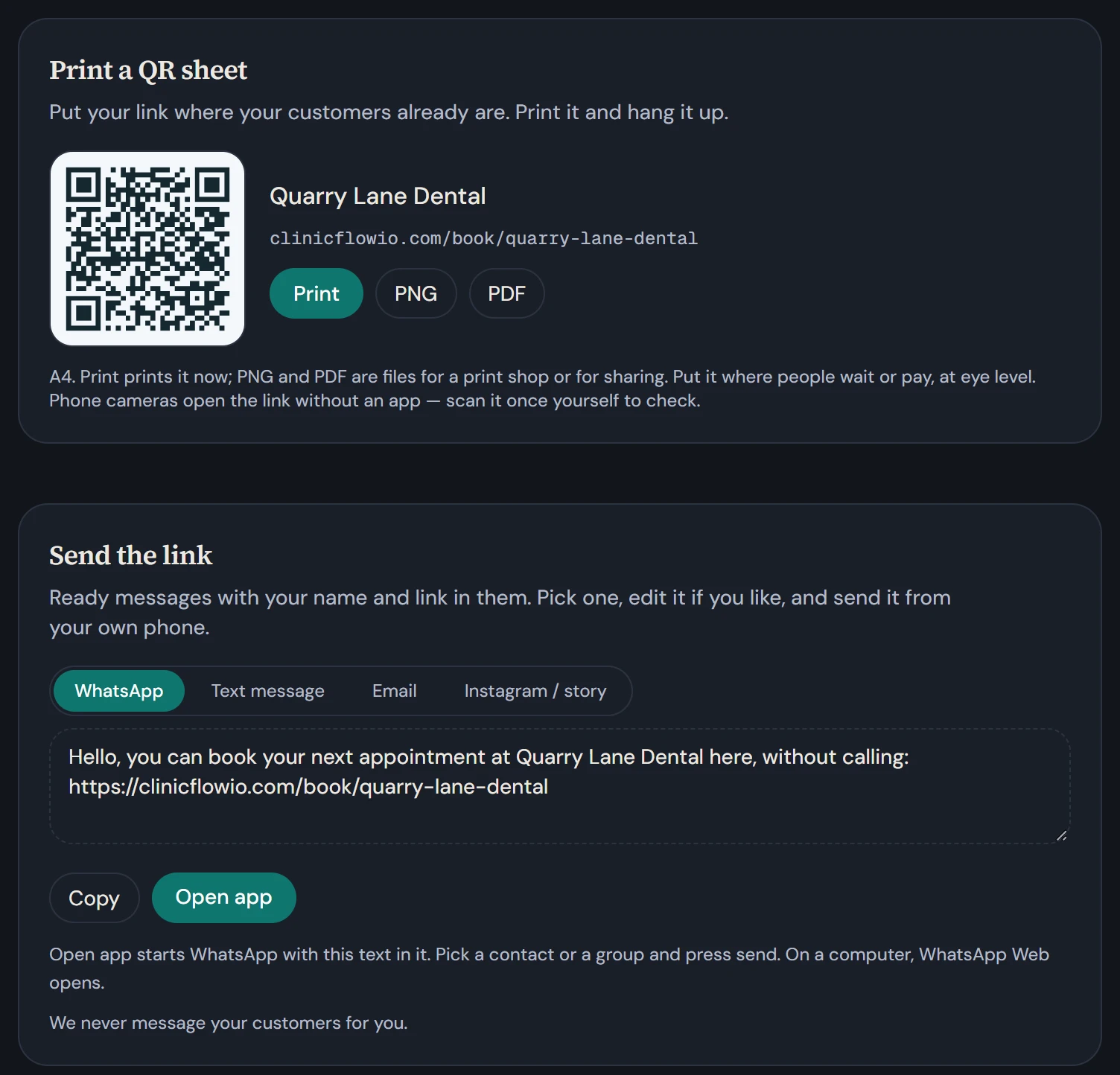 Booking link screen with a printable QR sheet and a ready WhatsApp message