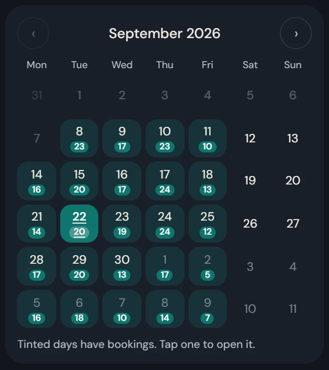 Month calendar with the number of appointments under each day
